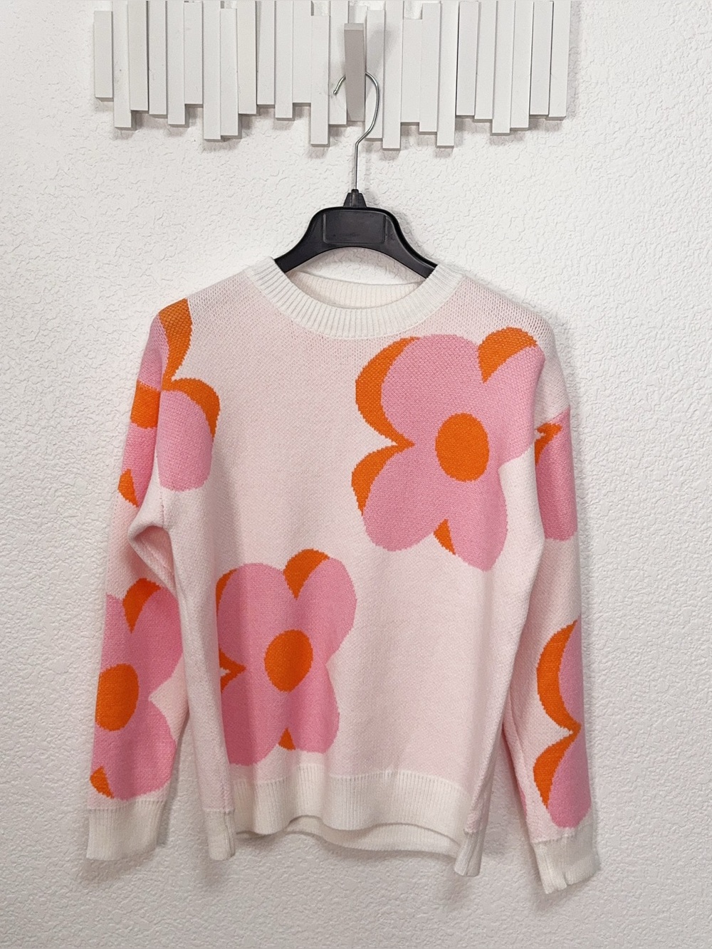 Miss Sparkling Pink Orange Floral Crewneck Knit Sweater